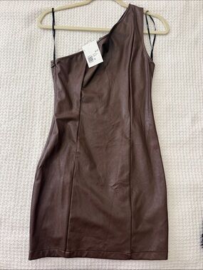 NWT Forever 21 One Sleeve Faux Brown Leather Mini Dress Sz Small